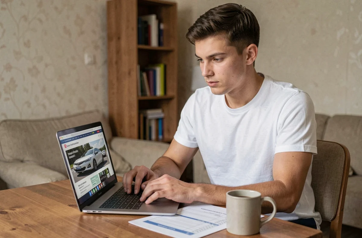 Jeune actif consultant un site de location de voiture sans crédit sur ordinateur portable dans un appartement étudiant