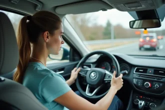 Jeune femme en cours de conduite dans une voiture d'auto-école, concentrée sur la route, illustrant la préparation rapide au permis de conduire