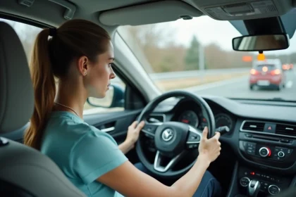 Jeune femme en cours de conduite dans une voiture d'auto-école, concentrée sur la route, illustrant la préparation rapide au permis de conduire