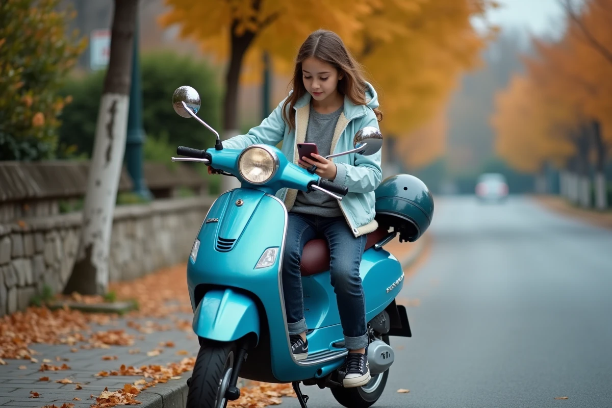 Jeune fille de 16 ans assise sur un scooter en bord de route avec son casque posé sur le guidon, consultant son téléphone