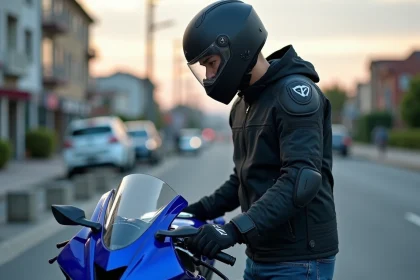 Jeune motard débutant examinant une Yamaha R7 bleue dans un parking urbain en fin de journée