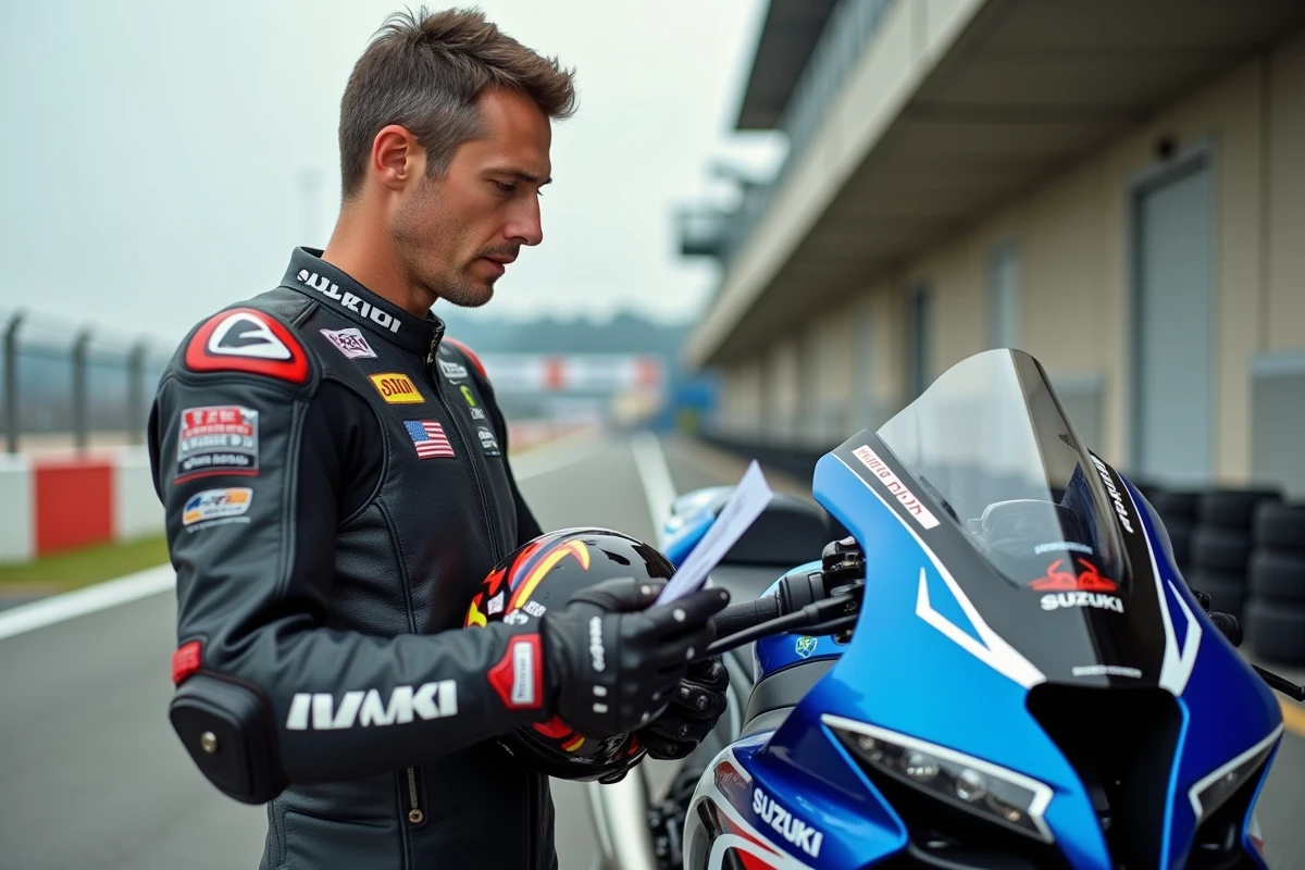 Journaliste moto en combinaison cuir consultant une fiche technique appuyé sur une Suzuki GSXR dans la voie des stands d'un circuit