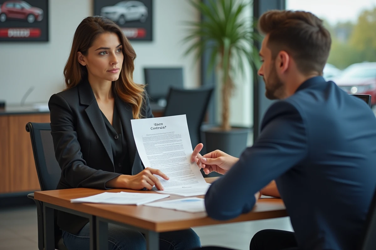 Femme contestant un contrat de vente automobile face à un vendeur dans un bureau de concession