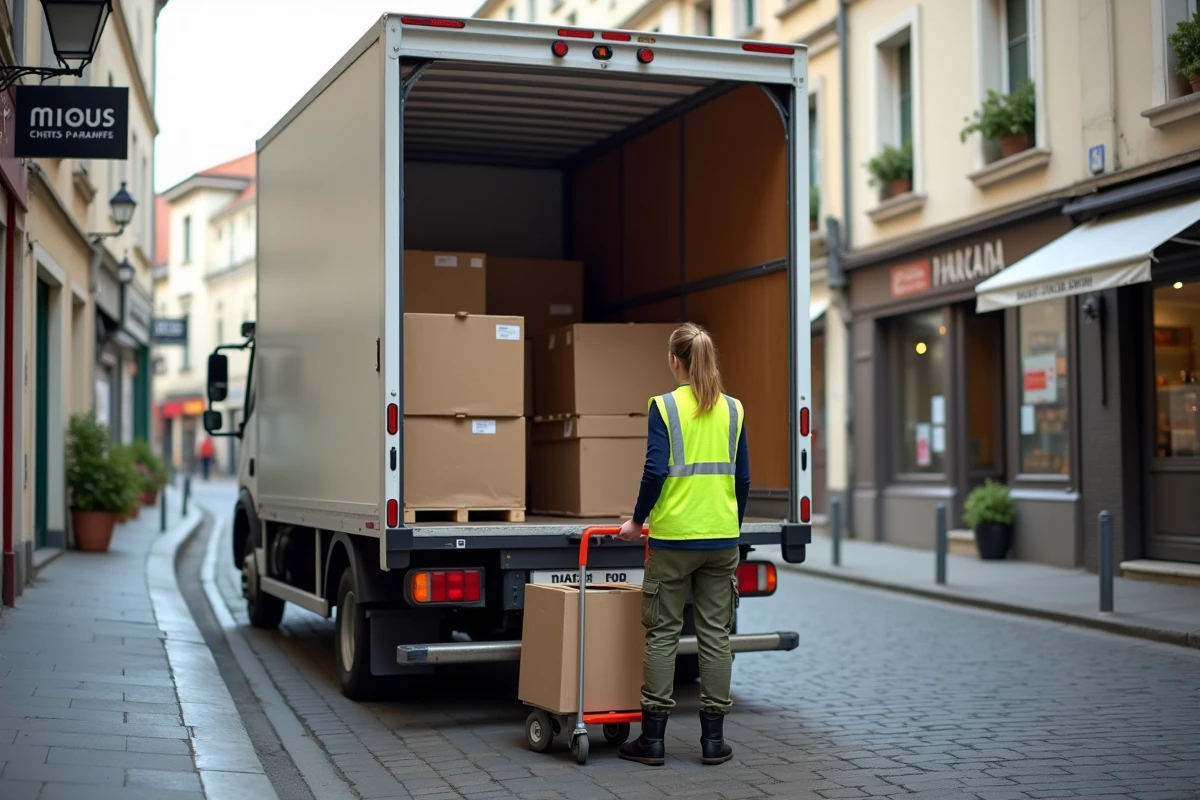 Camion 3,5 tonnes en livraison en centre-ville avec ouverture des portes arrière et déchargement de marchandises