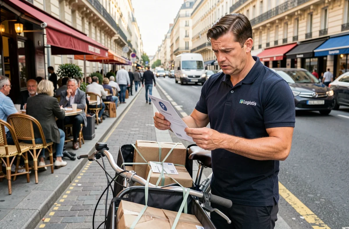 Livreur à vélo cargo tenant une contravention de stationnement devant une zone pointillée sur un boulevard parisien