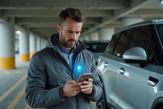 Homme consultant une application GPS sur smartphone pour localiser sa voiture dans un parking urbain
