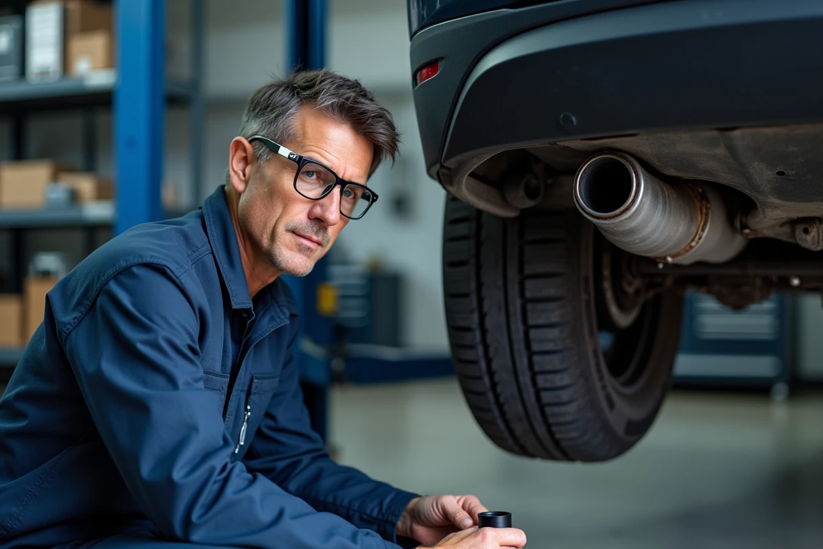 Mécanicien inspectant le système d'échappement d'un moteur diesel Euro 6 dans un atelier automobile professionnel