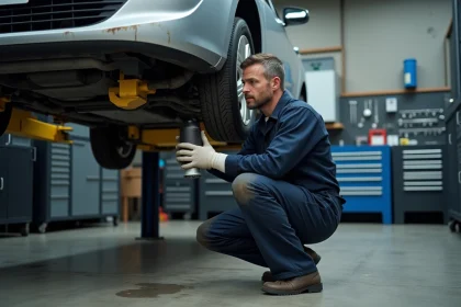 Mécanicien inspectant le filtre à gasoil sous une Peugeot 308 sur pont élévateur en atelier