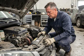 Mécanicien inspectant un moteur 1.6 TDI dans un garage automobile, analyse de l'état du moteur diesel