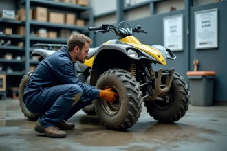 Mécanicien inspectant un quad dans un centre de contrôle technique automobile