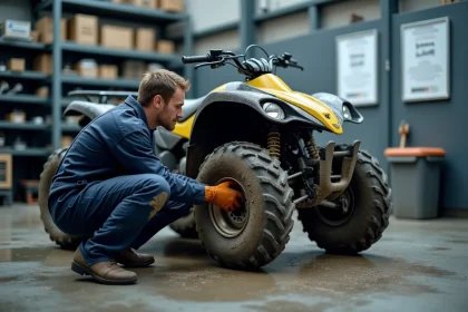Mécanicien inspectant un quad dans un centre de contrôle technique automobile