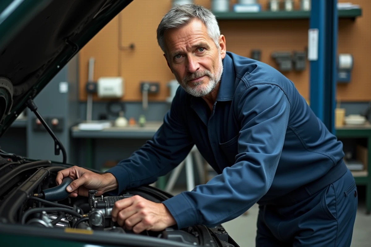 Mécanicien inspectant un moteur diesel dans un atelier automobile professionnel, illustration des enjeux techniques du diesel
