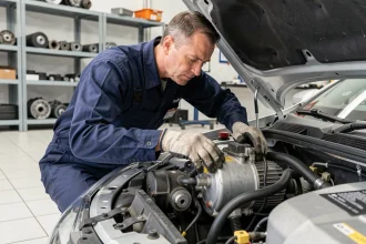 Mécanicien inspectant un moteur PF électrique sous le capot d'une voiture familiale dans un atelier automobile moderne