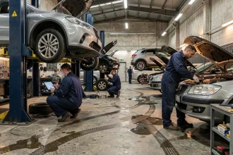 Vue d'ensemble d'un atelier de mécanique automobile en Bourgogne-Franche-Comté avec plusieurs mécaniciens au travail