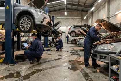 Vue d'ensemble d'un atelier de mécanique automobile en Bourgogne-Franche-Comté avec plusieurs mécaniciens au travail