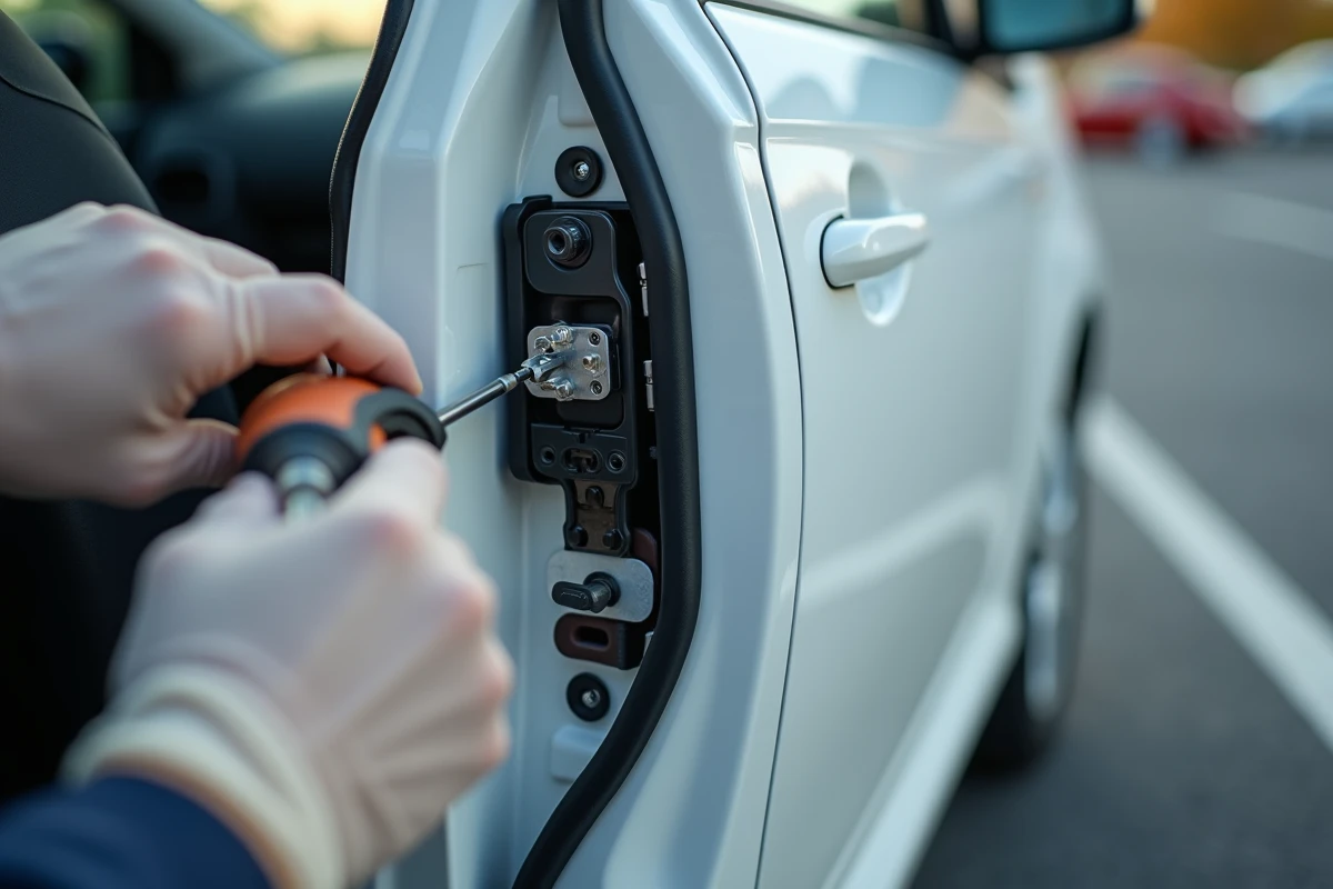 Gros plan sur le mécanisme de serrure et de tringle d'une portière de voiture démontée