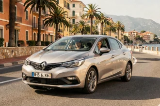 Vue panoramique d'une auto-école dans les Alpes-Maritimes avec un élève conduisant sur une route côtière près de Nice