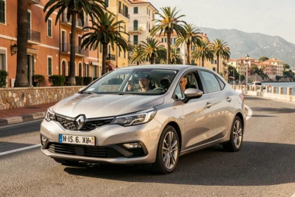 Vue panoramique d'une auto-école dans les Alpes-Maritimes avec un élève conduisant sur une route côtière près de Nice