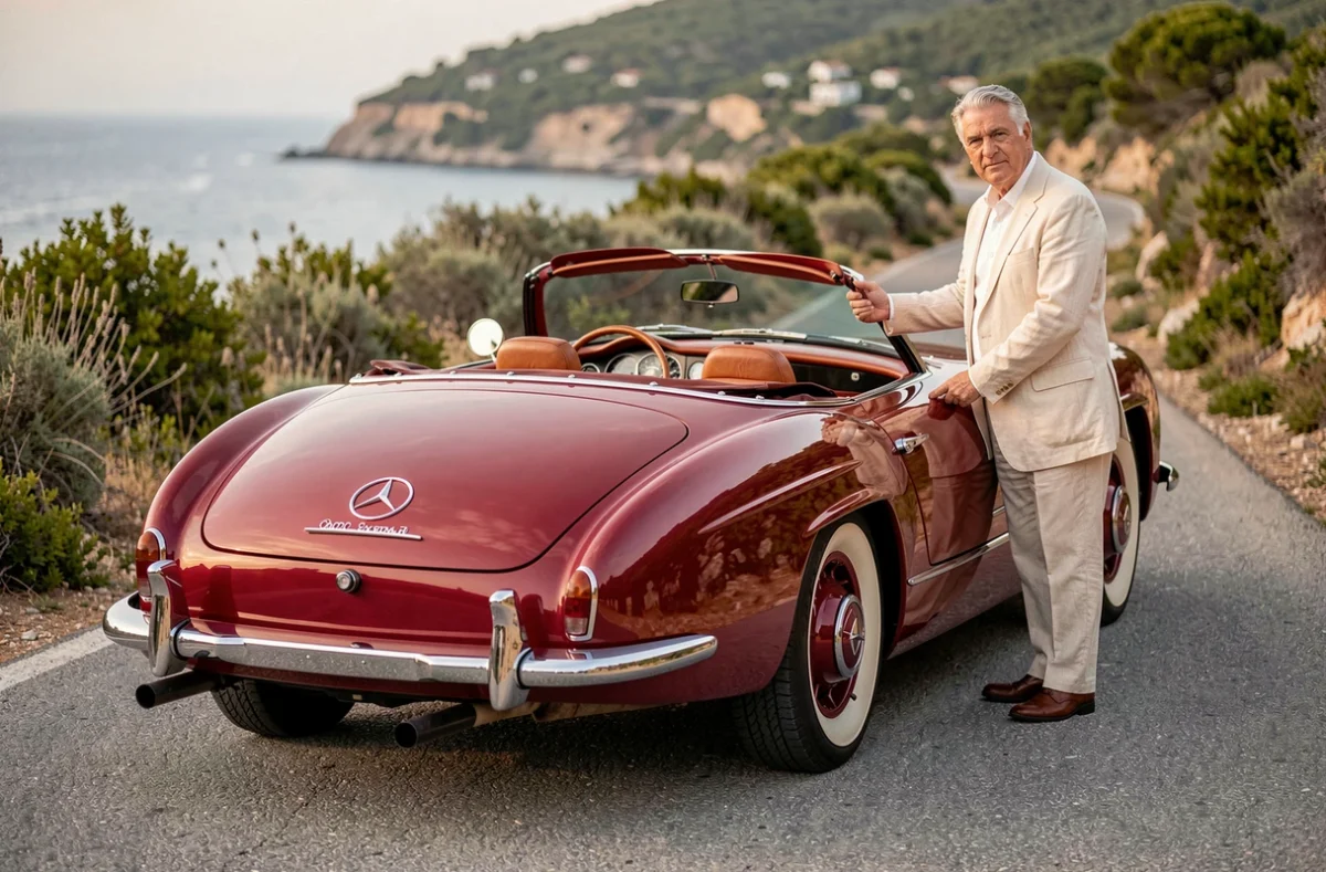 Mercedes 300 SL Roadster cabriolet rouge 1957 décapotable sur route côtière méditerranéenne