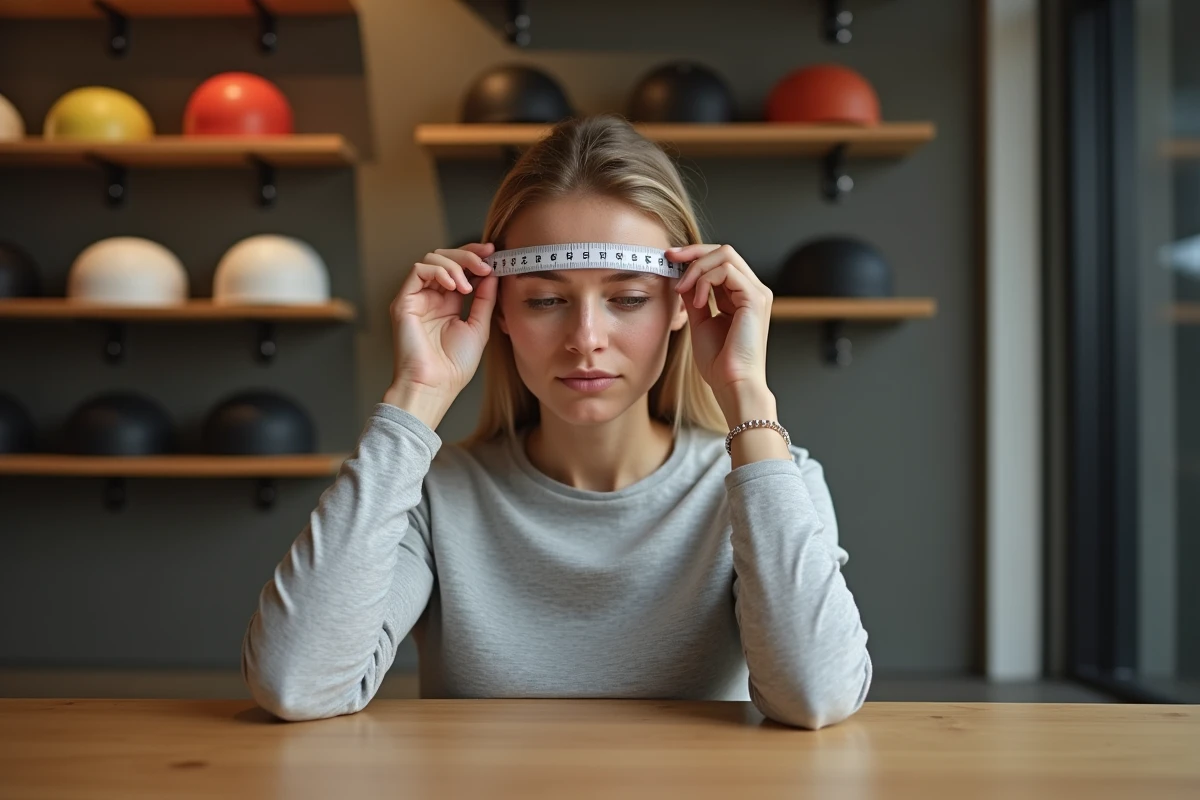 Femme mesurant le tour de tête pour choisir la bonne taille de casque en magasin