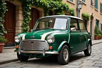 Mini Cooper classique des années 1960 en vert British Racing sur pavés, symbole de voiture de collection prenant de la valeur