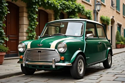 Mini Cooper classique des années 1960 en vert British Racing sur pavés, symbole de voiture de collection prenant de la valeur