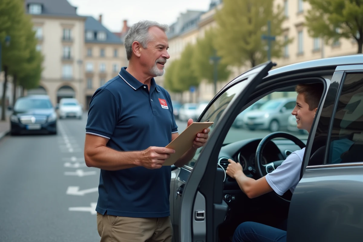 Moniteur d'auto-école expliquant une manœuvre à son élève conducteur en extérieur, dans le cadre d'une formation intensive pour passer le permis rapidement