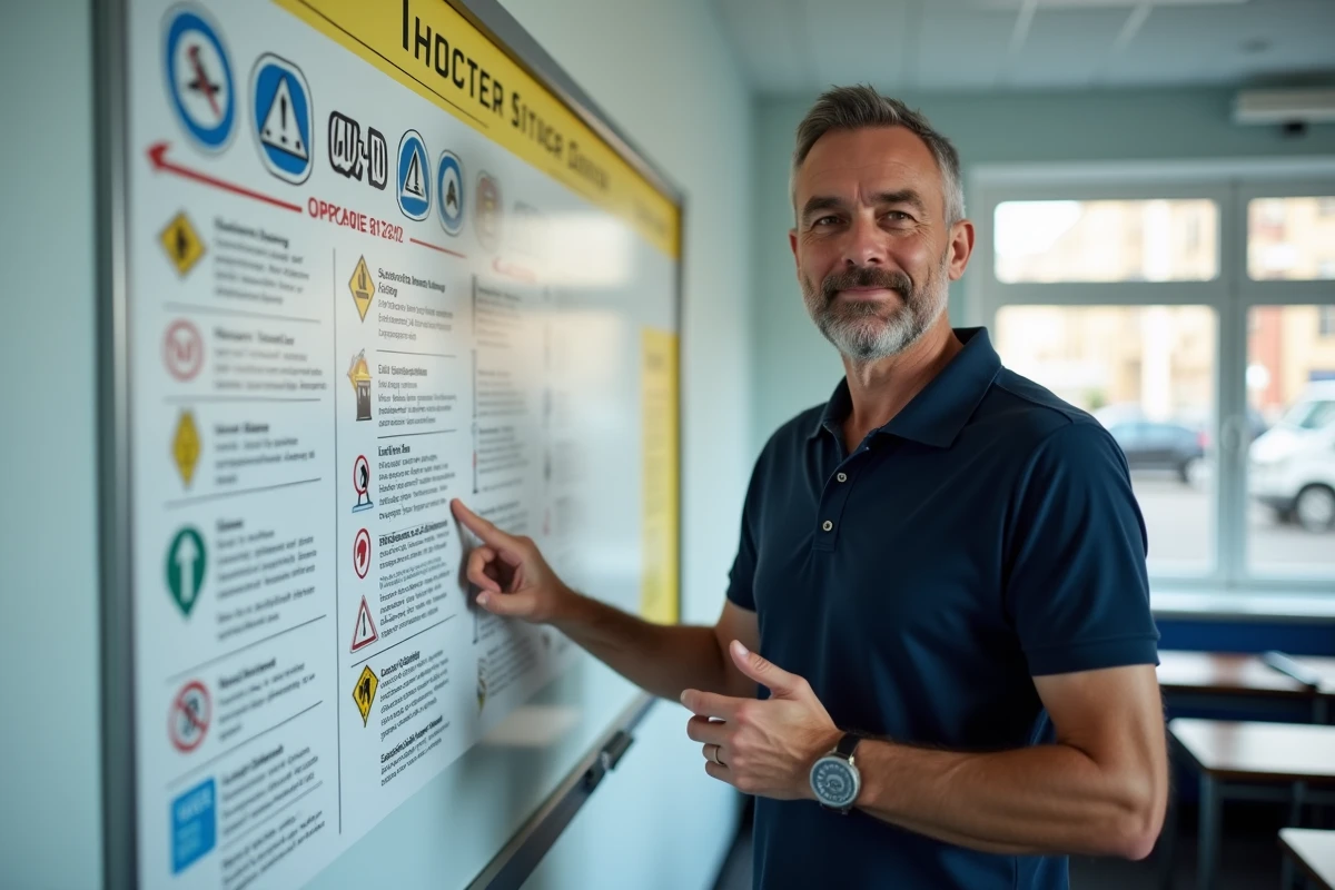Moniteur d'auto-école expliquant les nouvelles règles du permis de conduire 2026 devant un tableau