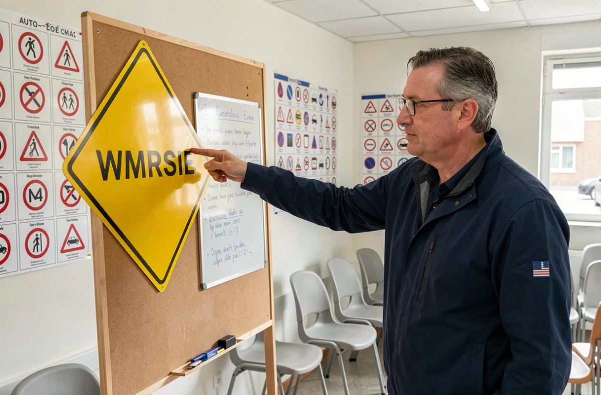 Moniteur d'auto-école expliquant la signification du panneau losange jaune devant un tableau pédagogique en salle de cours