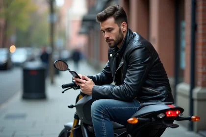 Motard consulant une comparaison de prix d'assurance moto sur son smartphone en milieu urbain