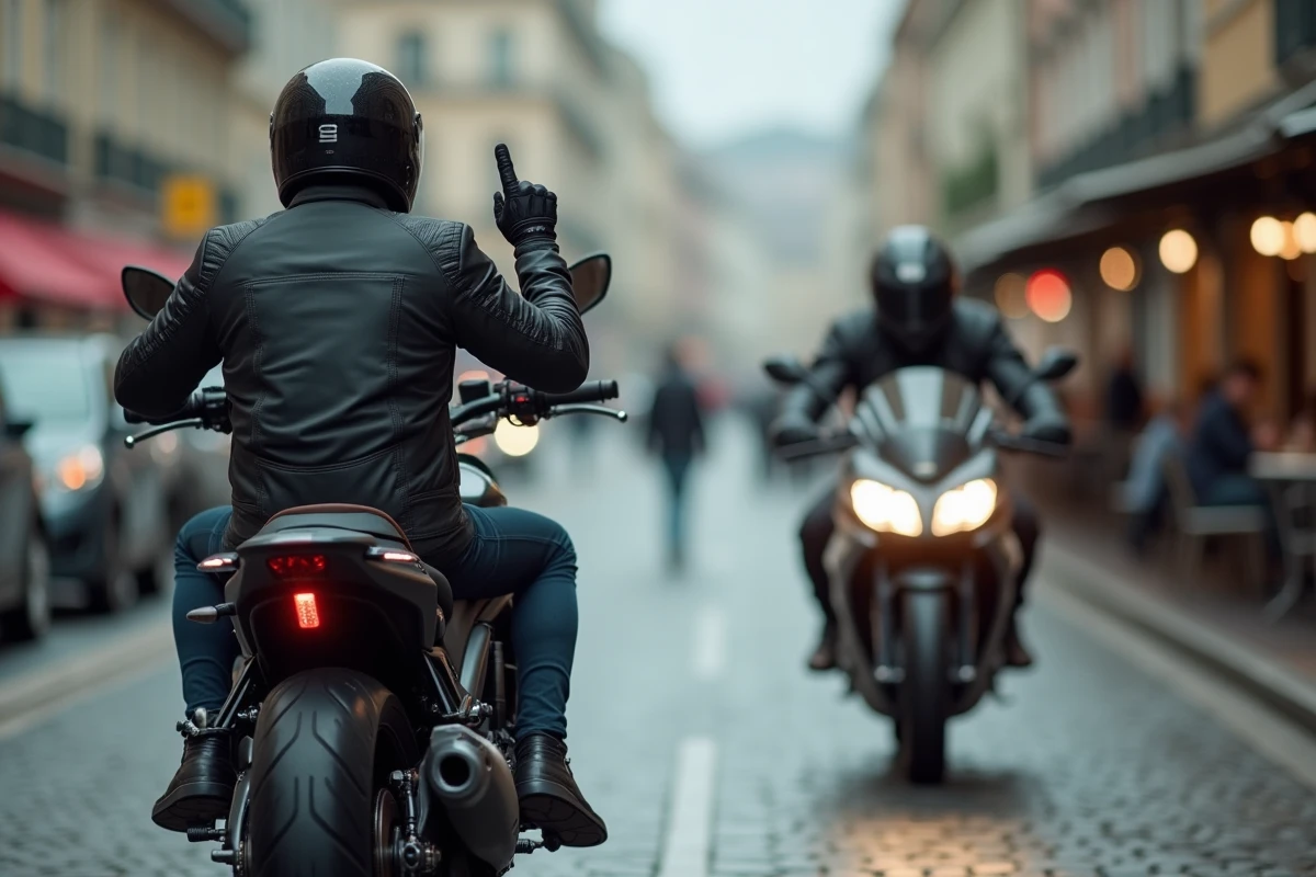 Motard en ville faisant le signe de la main à un autre motard dans une rue pavée européenne