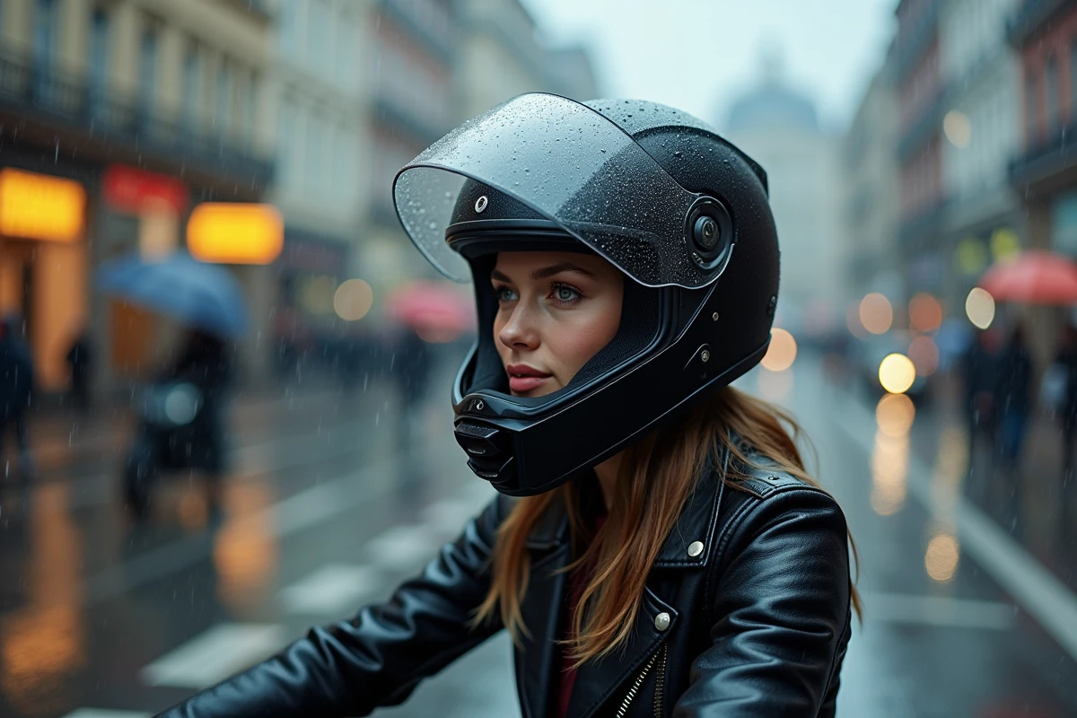 Motarde portant un casque modulable sous la pluie en ville, visière extérieure couverte de gouttes d'eau grâce à l'insert pinlock anti-buée intérieur