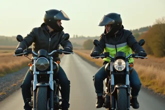 Deux motards échangeant des signaux de la main au bord d'une route de campagne, casques relevés