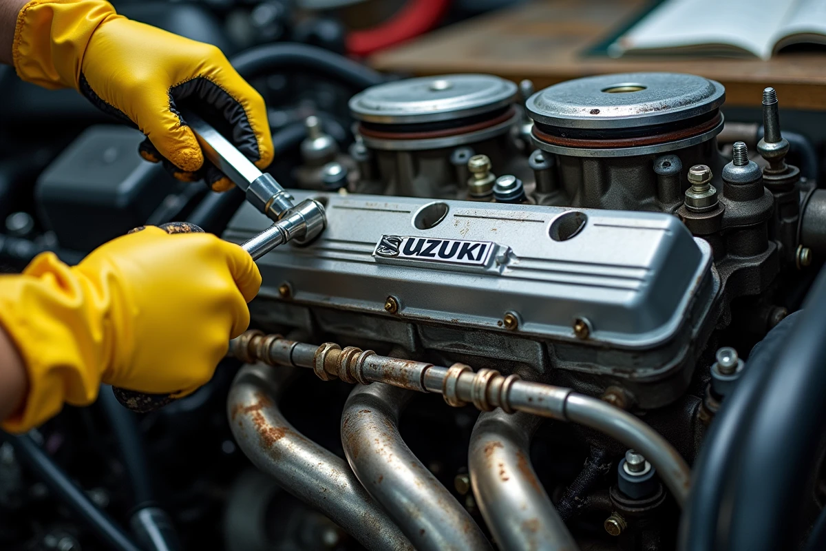 Gros plan sur le moteur quatre cylindres d'une Suzuki GSXR 1100 de 1992 avec carburateurs Mikuni et ligne d'échappement aftermarket