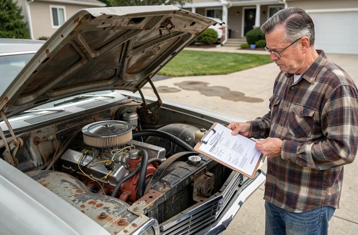 Acheteur examinant le compartiment moteur V8 d'une Chevrolet Impala 1967 quatre portes avec rapport d'inspection
