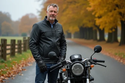 Homme de 50 ans posant à côté d'une moto naked sur une route de campagne en automne