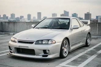 Nissan S14a Silvia kouki argentée garée sur un parking urbain en toit, vue trois quarts avant mettant en valeur son design iconique des années 90