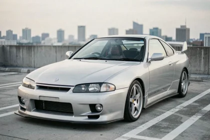 Nissan S14a Silvia kouki argentée garée sur un parking urbain en toit, vue trois quarts avant mettant en valeur son design iconique des années 90