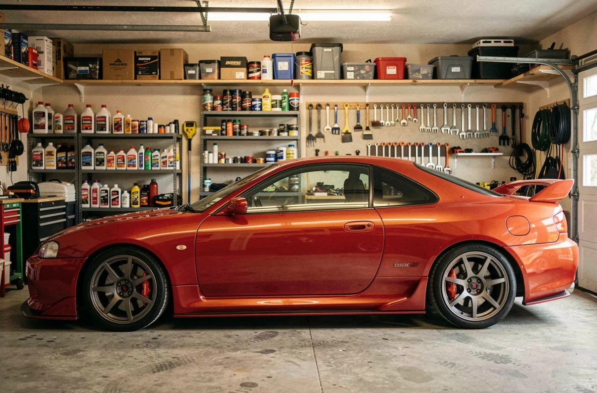 Nissan S14a Silvia rouge en parfait état dans un garage privé, vue de profil révélant la carrosserie coupé et les jantes Enkei d'origine