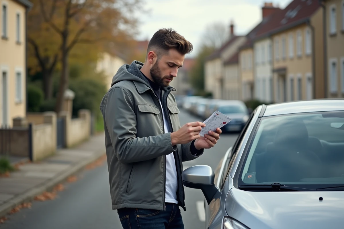 Homme consultant son nouveau permis de conduire devant une voiture dans une rue française