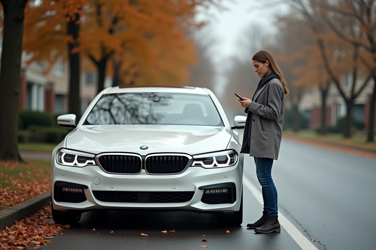 Femme en panne avec sa BMW sur une route de banlieue en automne