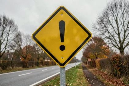 Panneau losange jaune et blanc signalant un danger sur une route rurale française avec fond de campagne automnale