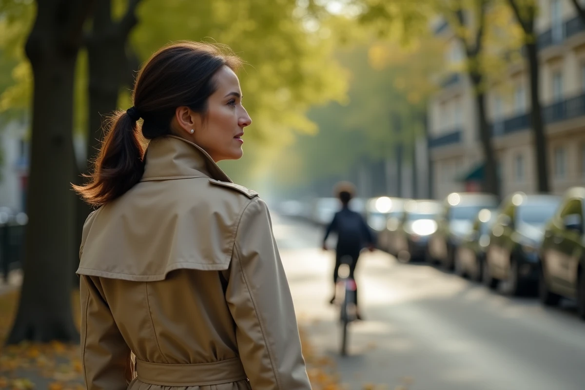 Mère dans la quarantaine observant son enfant partir seul à vélo sur une avenue arborée urbaine, expression mêlant fierté et inquiétude