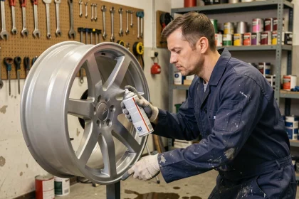 Mécanicien appliquant de la peinture aluminium en bombe sur une jante auto dans un atelier professionnel