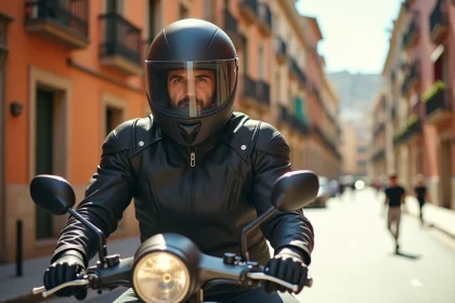 Homme en veste de moto assis sur un scooter 125cc dans une rue ensoleillée de Barcelone, illustration du permis 125 en Espagne