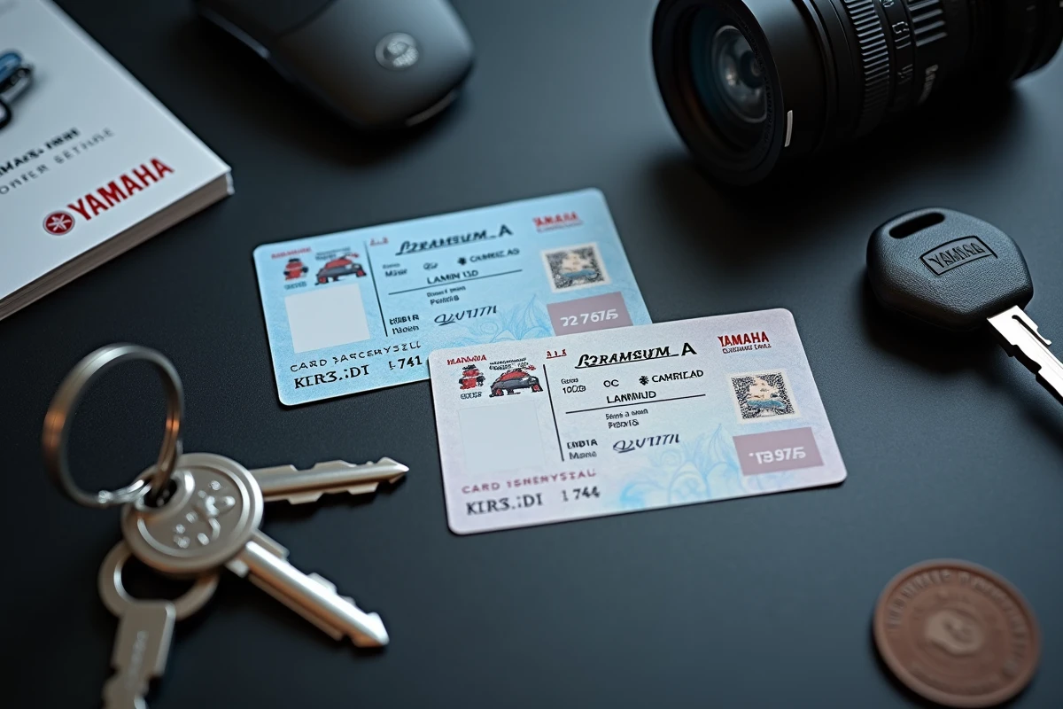 Permis de conduire A2 et A posés sur un bureau avec les clés d'un scooter T-Max 560