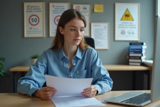 Femme tenant un permis de conduire français dans une auto-école moderne en 2026