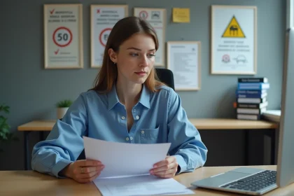 Femme tenant un permis de conduire français dans une auto-école moderne en 2026