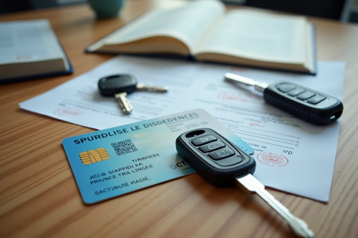 Permis de conduire, clés de voiture et documents légaux sur un bureau en bois