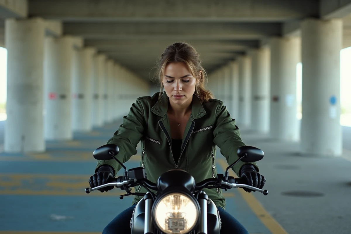 Femme motarde assise sur une moto 500cc dans un parking urbain, consultant le tableau de bord avant de rouler